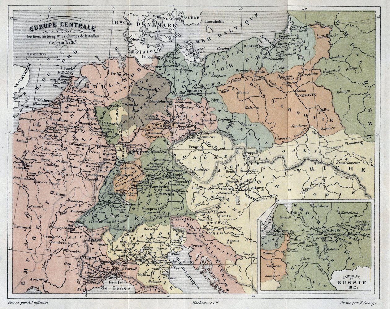 Centraleuropa som visar de historiska platserna och slagfälten 1792-1813 - Centraleuropa som indikerar historiska platser och slagfält från 1792 till 1813 - gravyr i "Histoire de France" av Victor Duruy (1811-1894) - 1882 av French School