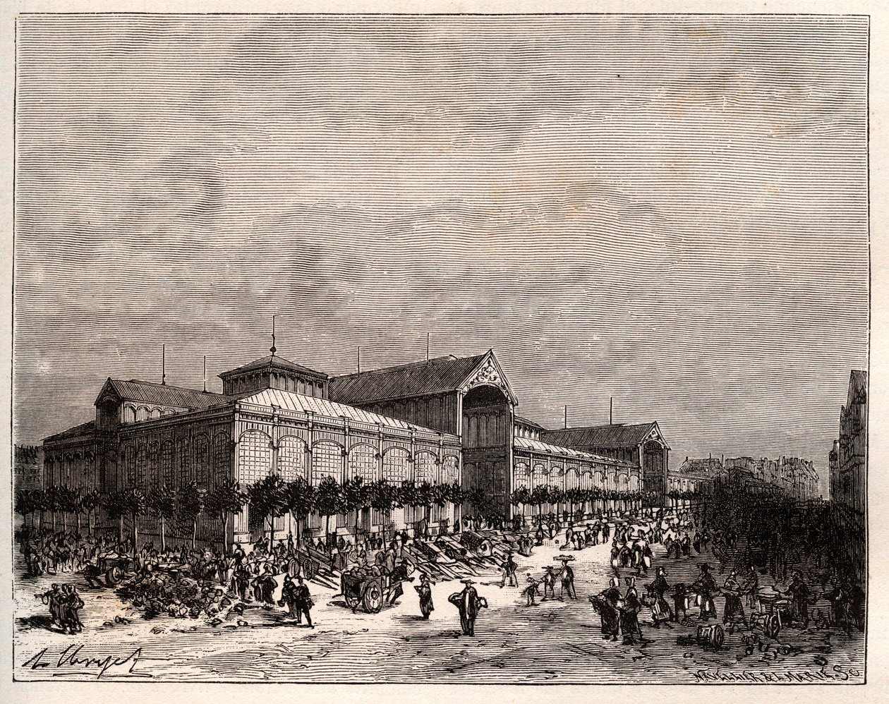 Central halles i Paris på 1800-talet - gravyr i "La France illustree: geographie, histoire, administration statistique" av V.A. Malt-brunt. 1884 av French School