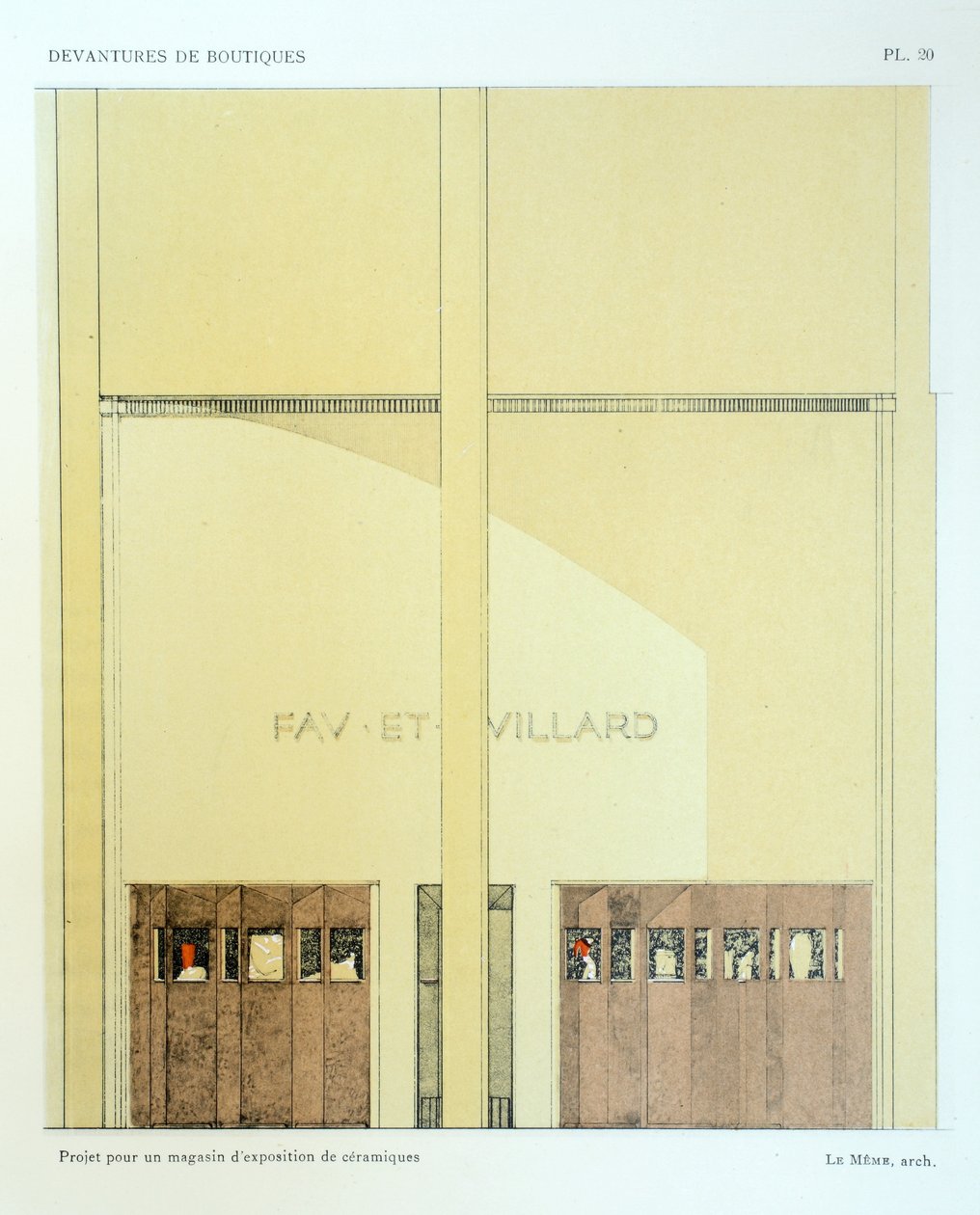 Keramikutställningslokal, tallrik 20, illustration från Devantures de Boutiques av Louis-Pierre Sezille, Paris, 1927 av French School