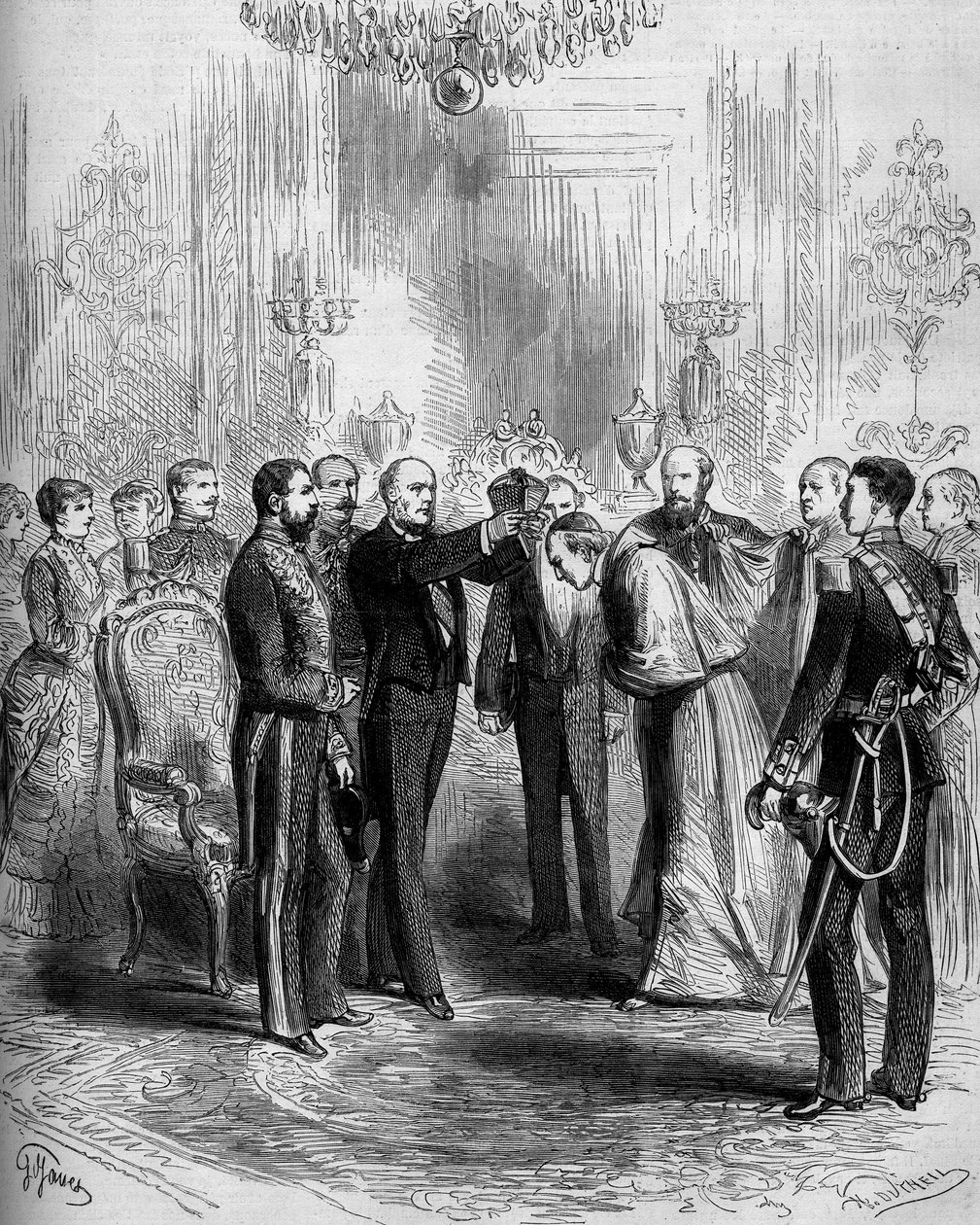 Ceremoni för överlämnandet av kardinalatets insignier: Pier Francesco Meglia (1810-1883) fick kardinalens röda rock medan Jules Grevy (1807-1891) placerade kardinalbaretten på hans huvud. Paris, Palais de l