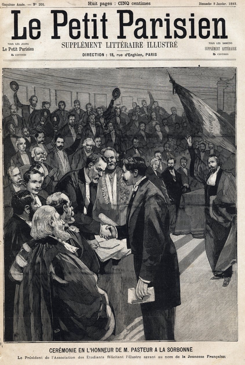 Ceremoni för att hedra vetenskapsmannen Louis Pasteur (1822-1895) på Sorbonne för att fira hans födelsedag. En av tidningarna "Le Petit Parisien"" den 08/01/1893 (gravyr) av French School