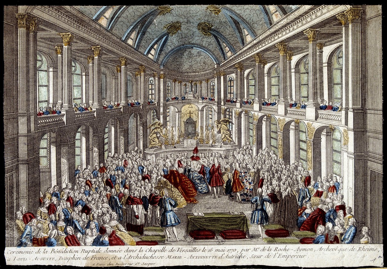 Ceremoni för brudvälsignelsen som gavs i kapellet i Versailles den 16 maj 1770 av Louis Auguste, delfin från Frankrike (Louis XVI), och Marie Antoinette av Österrike - gravyr av French School