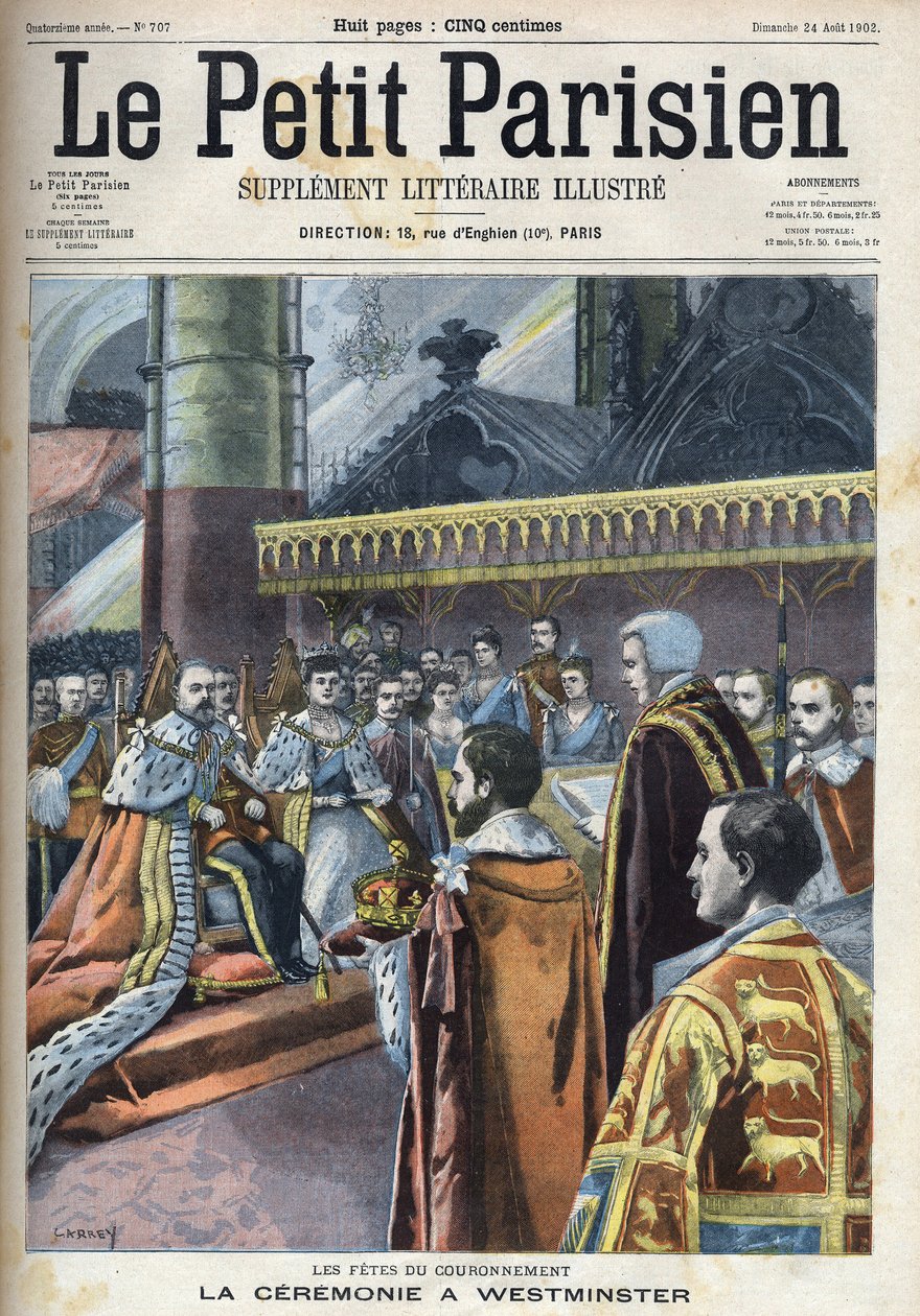 Ceremoni för kröningen i Westminster: kung Edward VII (1841-1910) och Alexandra av Danmark (1844-1925), i "Le petit Parisien"" av French School
