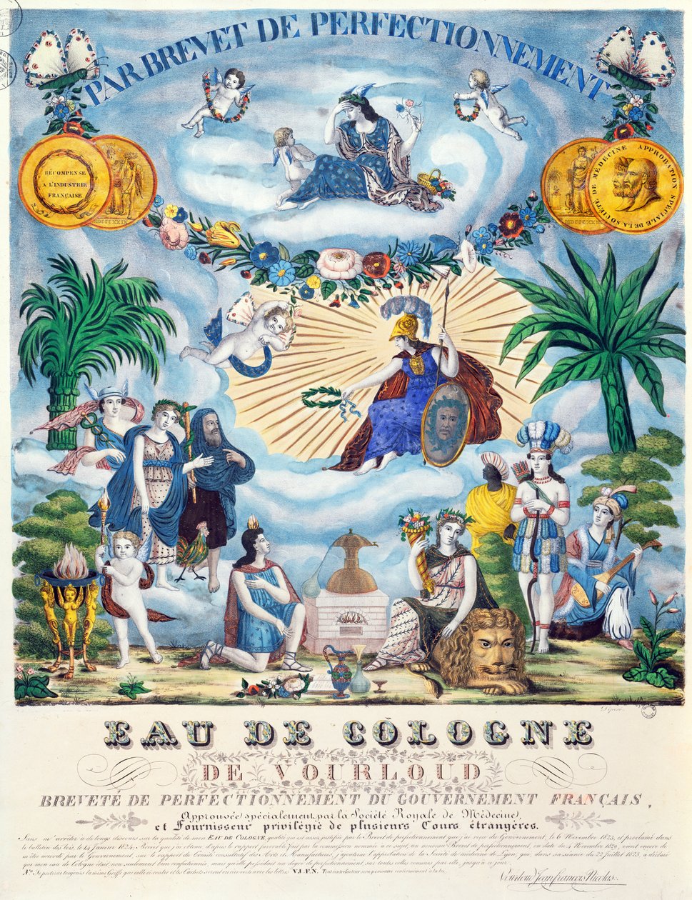 Certifikat för en Eau de Cologne tillverkad av J.F. Vourloud, ca 1825 av French School