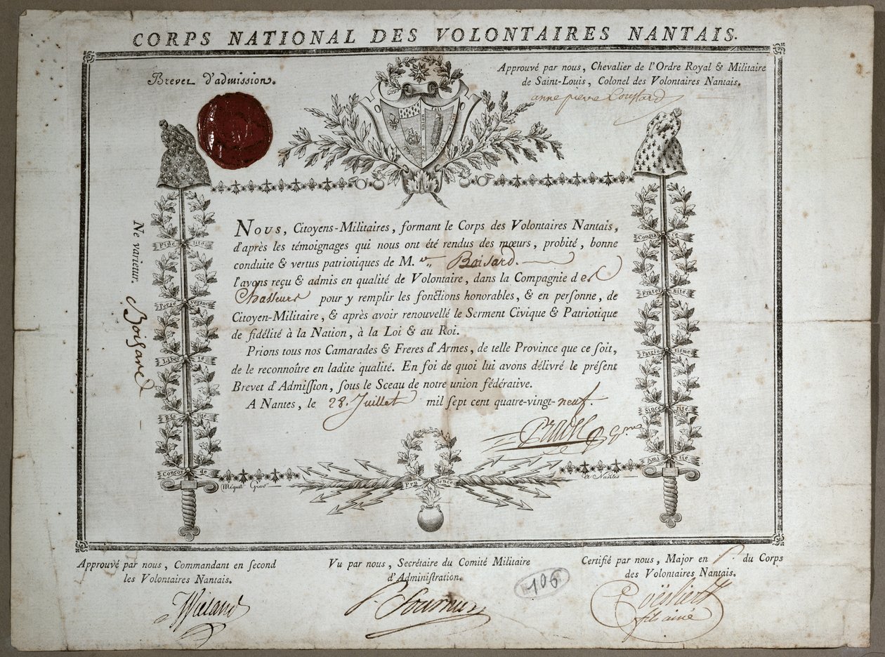Intyg om antagning till National Guard of Volunteers of Nantes, 1789 av French School