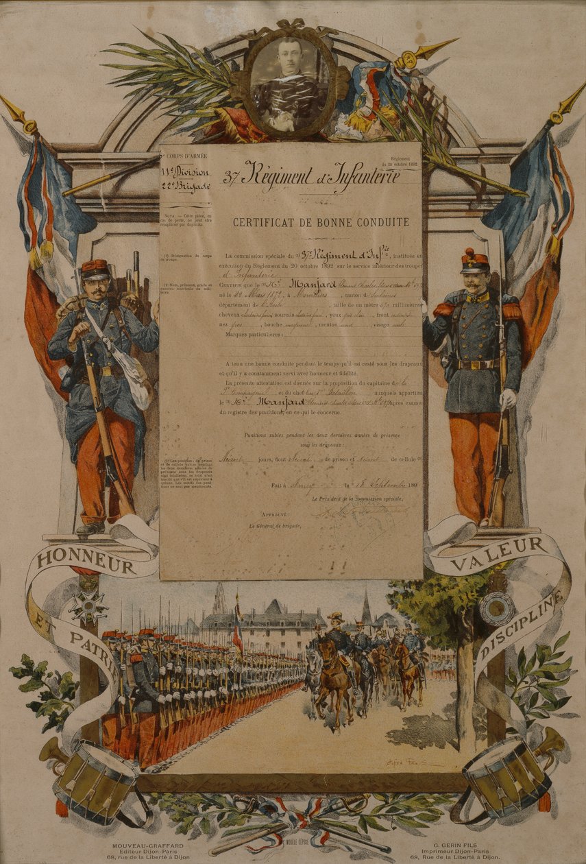 Intyg om gott uppförande, 37:e infanteriregementet, 1896 av French School