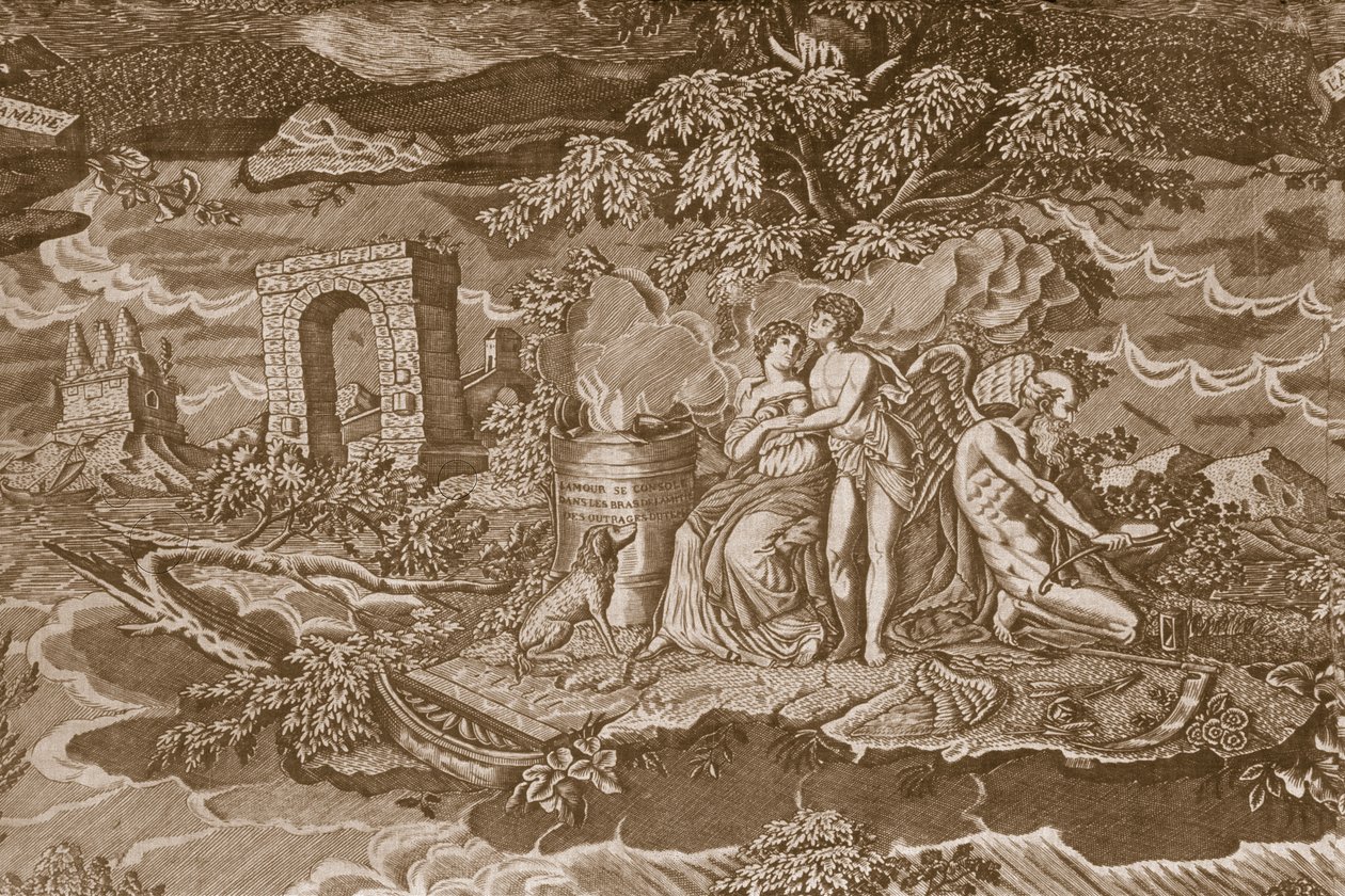 Stolsöverdrag med inskriptioner på franska, ca 1811 (rulltryckt bomull) av French School