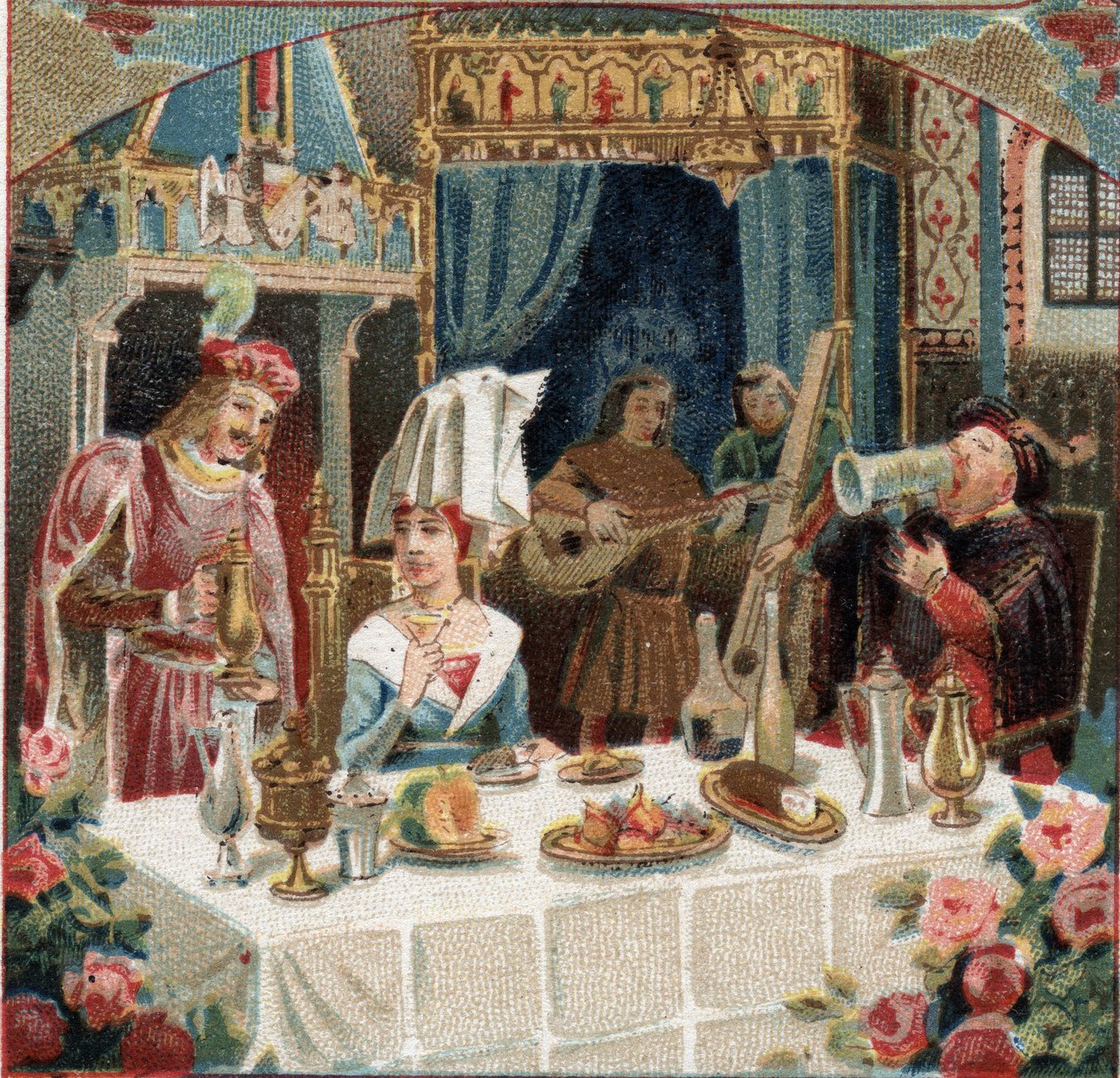 Kammarherre Jehan de Saintre som serverar en drink på Lady of Belles Cousines (Belles-Cousines) vid en bankett på Chateau d