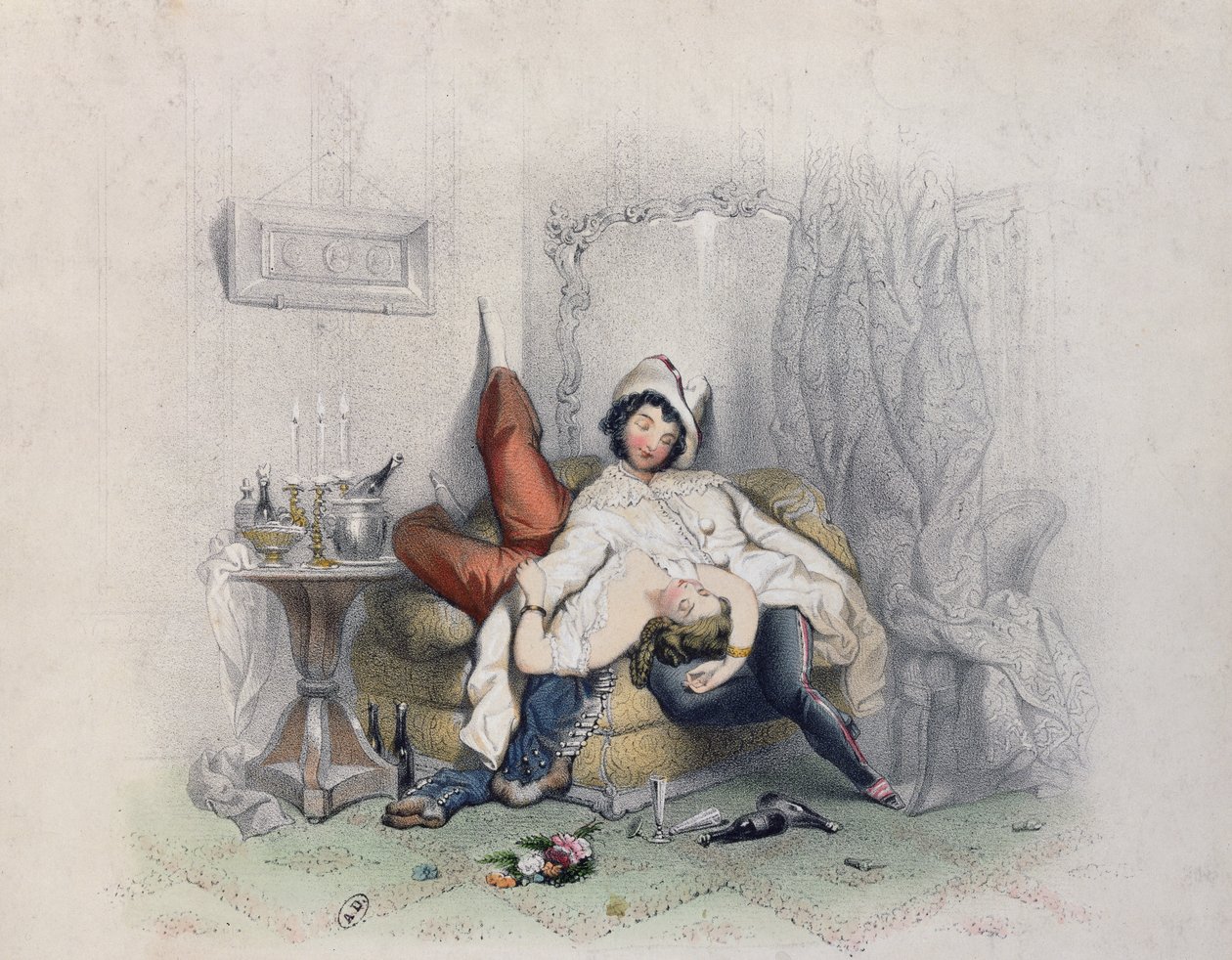 Champagne & Love, ett amoröst par somnat efter sin sjätte flaska champagne, graverad av Bettannier Freres, Paris, 1852 av French School