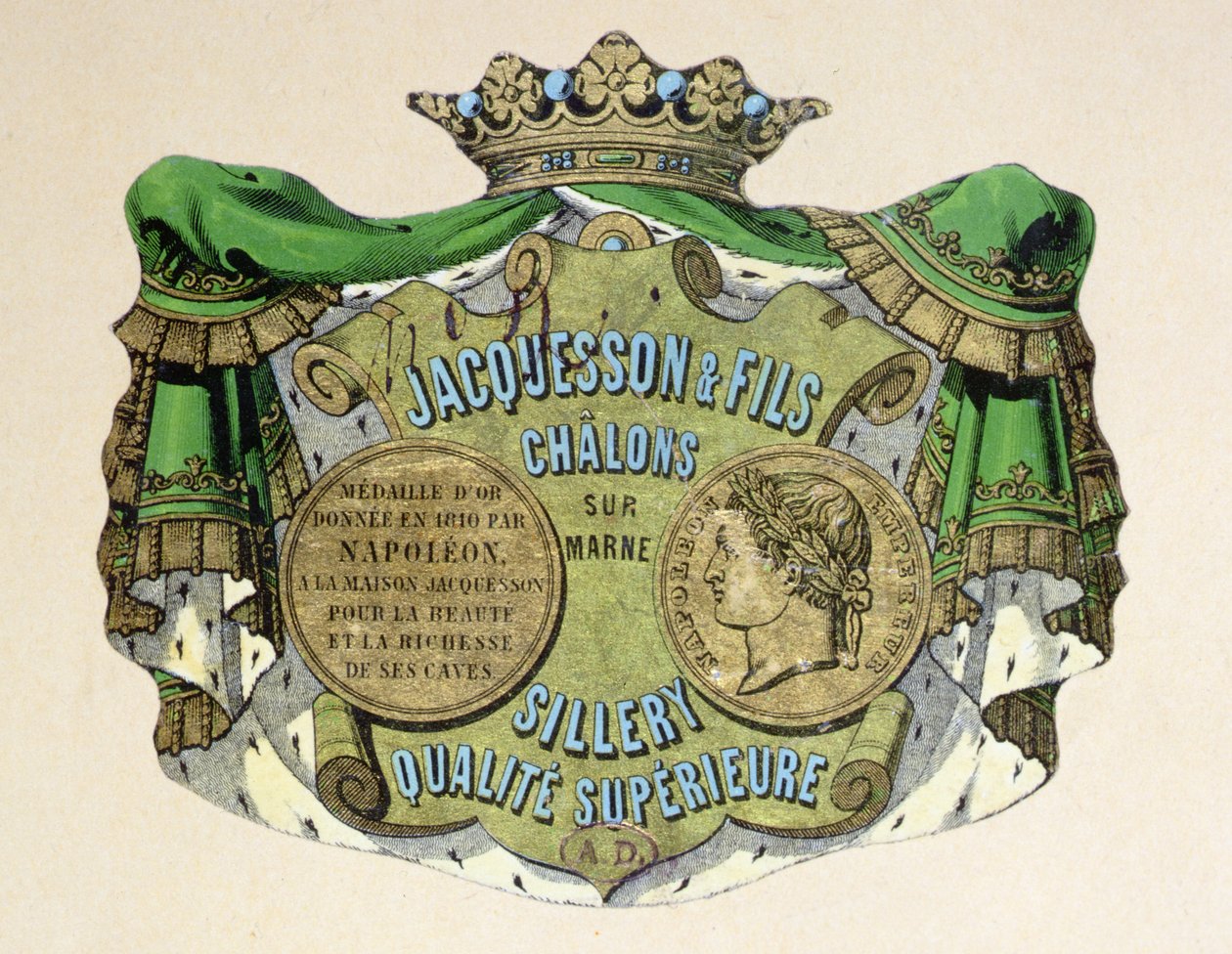 Champagneetikett för Jacquesson & Fils, Champagne Sillery Marque, mitten av 1800-talet (färg litho) av French School