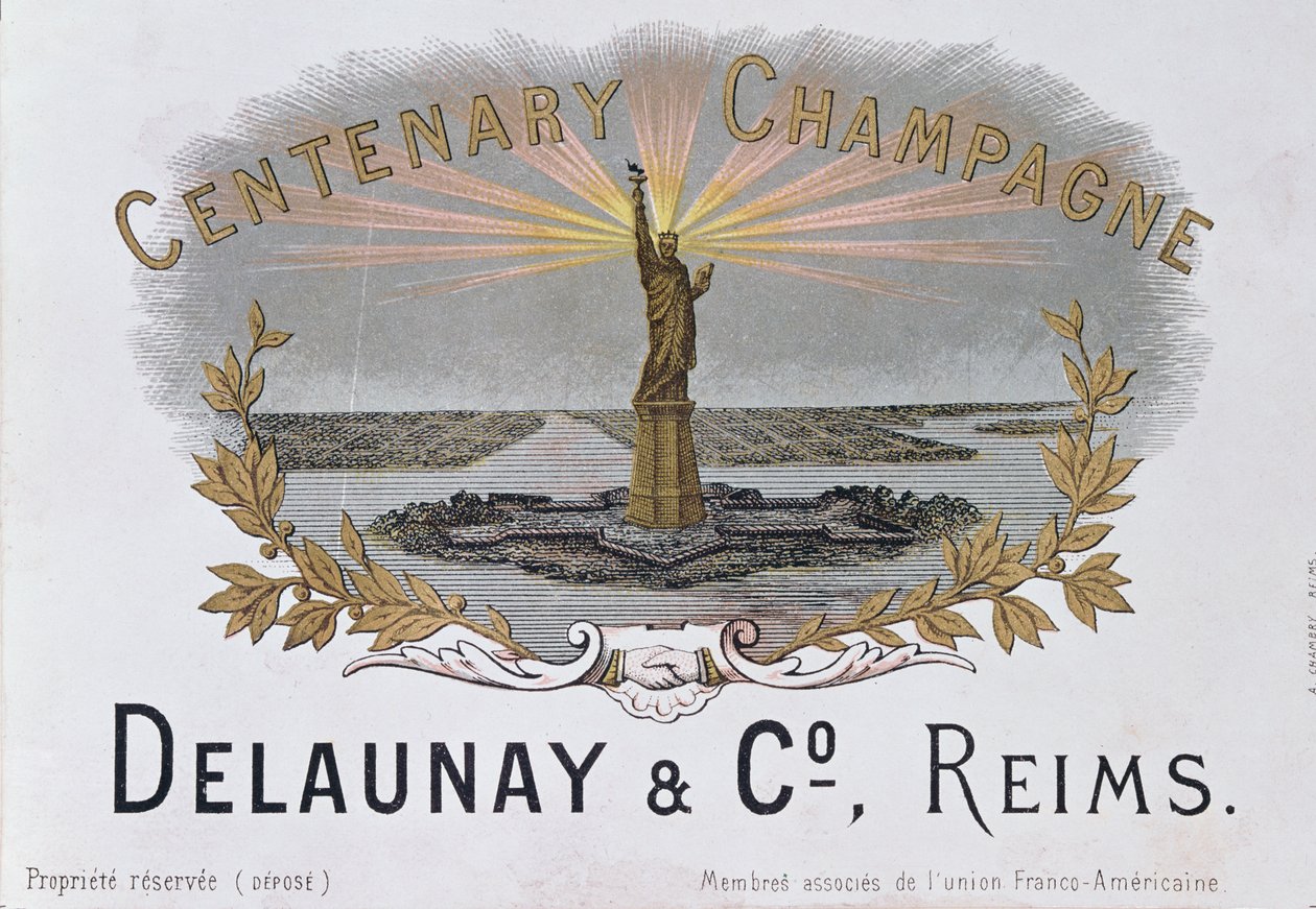 Champagneetikett från huset Delaunay & Co. som firar hundraårsjubileet av amerikansk självständighet och föreställer Frihetsgudinnan, ca 1876 av French School