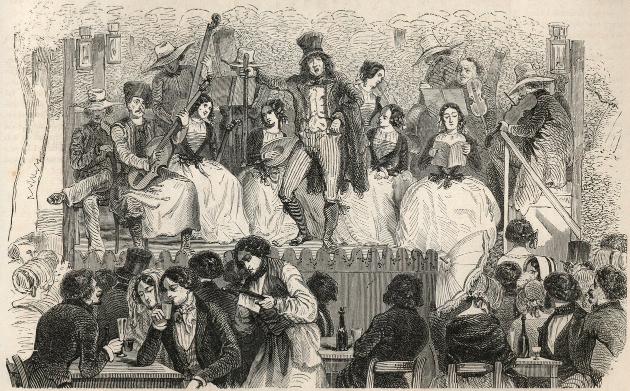 Champs-Elysees (Champs Elysees) - Sångare framför caféet Morel - Gravyr i "Tableau-de-Paris" av Edmond Texier 1852 av French School