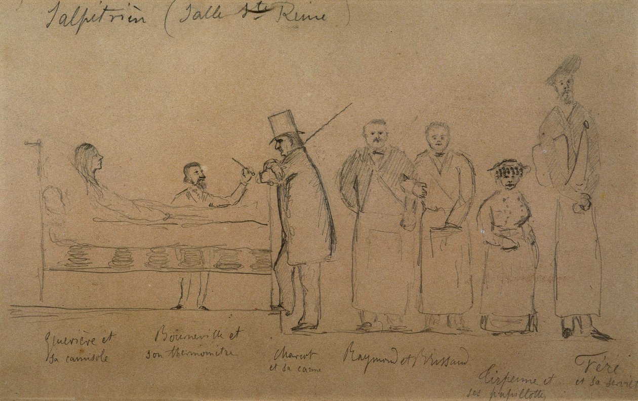 Charcot designad av en av hans elever. Från vänster till höger: patienten Genevieve i camisole, doktor Desire Magloire Bourneville med termometer, Jean Martin Charcot, Raymond och Brissaud, Me Tirperme och Charles Fere. Holy Queen Room, Salpetriere Hospi av French School