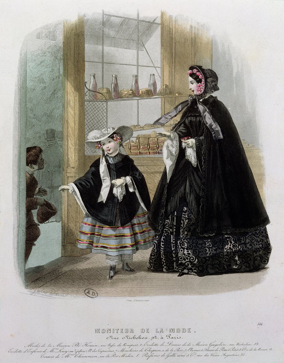 Välgörenhet i ett konditori, illustration från Moniteur de la Mode, 1852 (färgstick) av French School