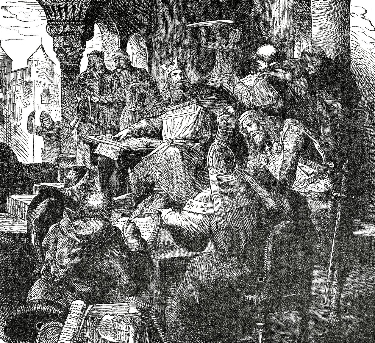 Karl den Store med elever och lärare från hans slottsskola i Aachen, ca 1890 av French School