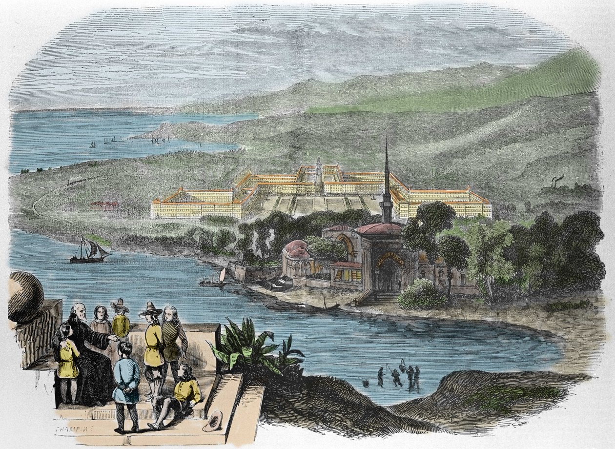 Charles Fourier (1772-1837), fransk socialistisk teoretiker: gravyr som visar idealbilden av en Phalanstere-gravering från 1848. av French School