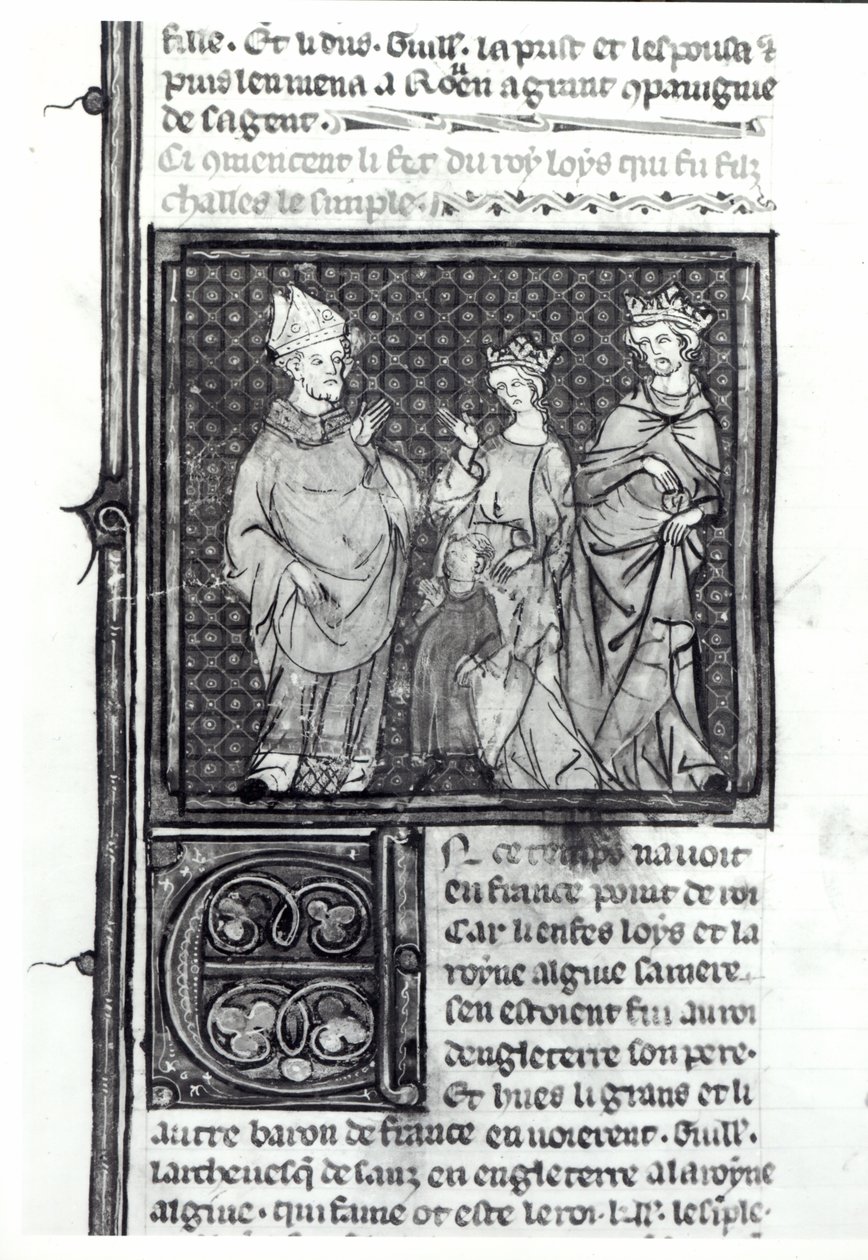 Charles III (879-929) den Enkle med sin fru och sin son, Ludvig IV (921-954), Grandes Chroniques de France, 1375-79 av French School