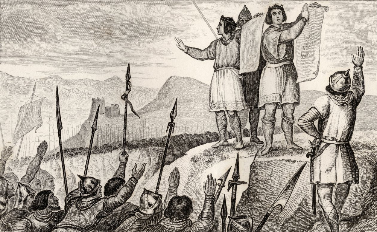 Karl II (823-77) den skallige och hans bror Ludvig den tyske sluter fördrag i Strasbourg 842, från 