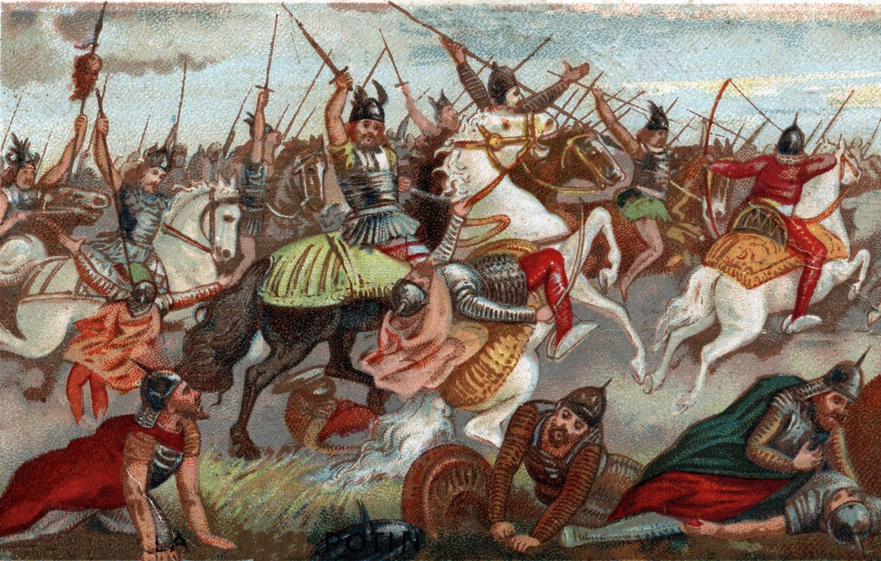 Charles Martel arresterar muslimerna i slaget vid Poitiers 732. Kromolitografi av 1800-talet. av French School