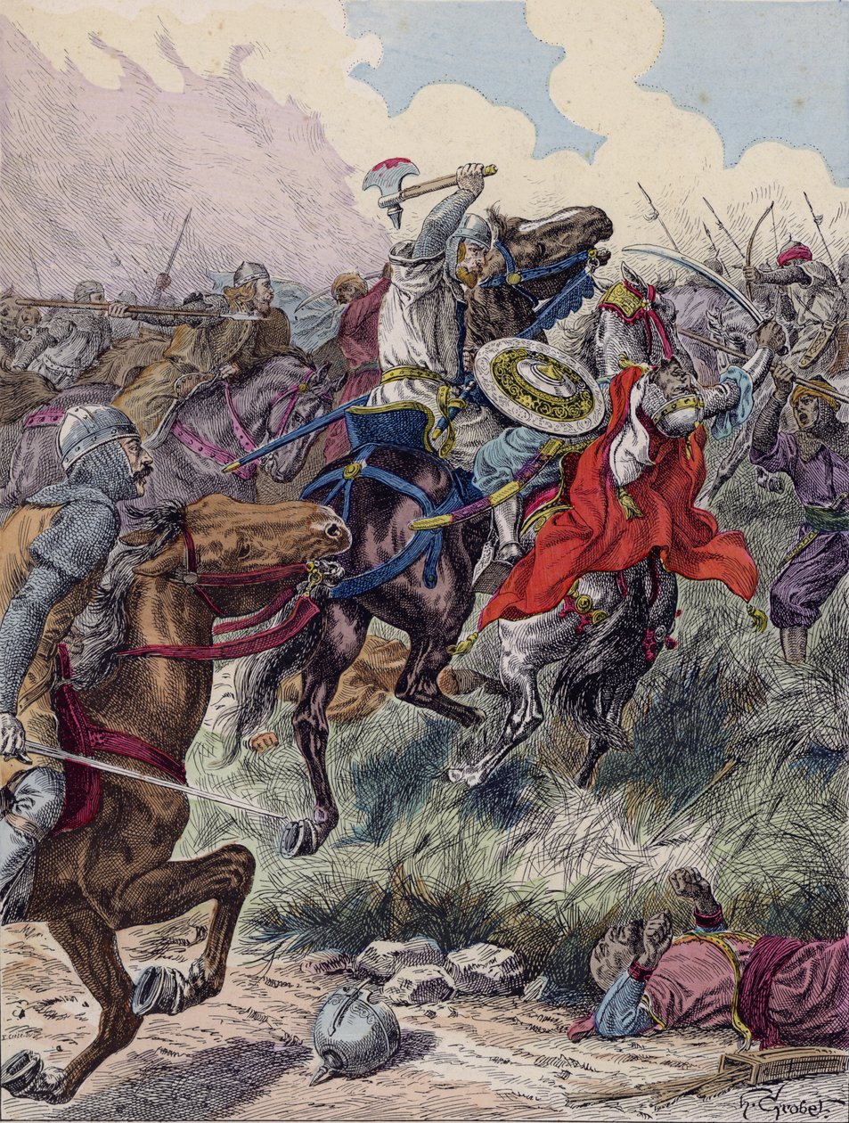 Karl Martel vid slaget vid Poitiers, 732 (färglitografi) av French School