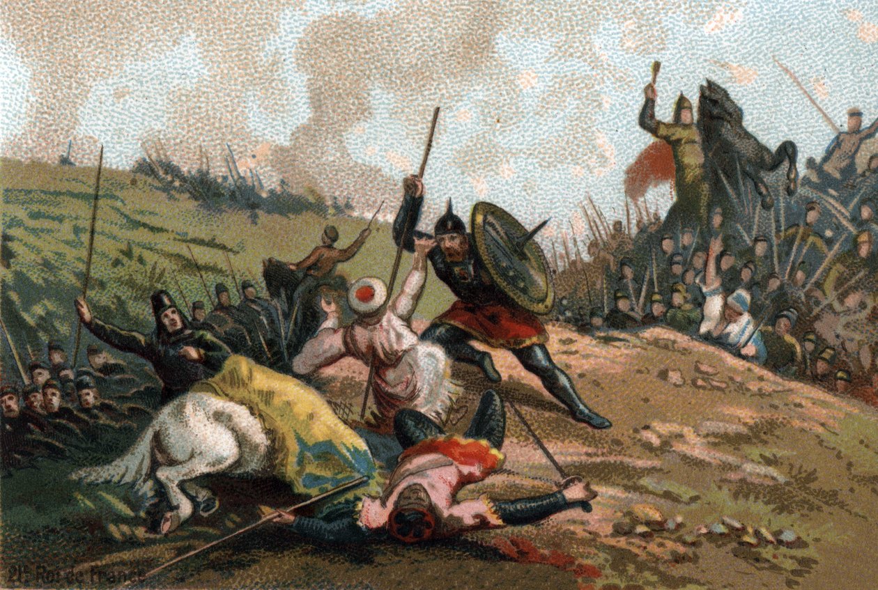 Charles Martel stoppade invasionen och dödade ledaren för Armee of Abd al-Rahman I eller Abderamane I (Abd al-Rahman) (731-788), ledare för saracenerna. Kromolitografi omkring 1890. av French School