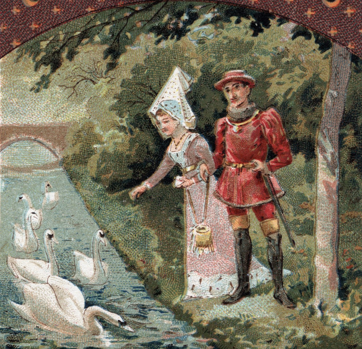 Karl VII (1403-1461) med sin favorit, Agnes Sorel (känd som Lady of Beaute sur Marne (Beaute-sur-Marne) (1422-1450) som matar svanar i parken vid slottet Savigny sur Orge (Savigny-sur) -Orge). Kromolitografi från slutet av 1800-talet av French School