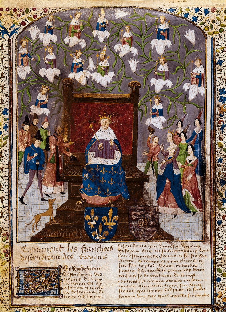 Karl VII med det geneaologiska trädet från huset Valois, från "Grandes Chroniques de France" (vellum) av French School