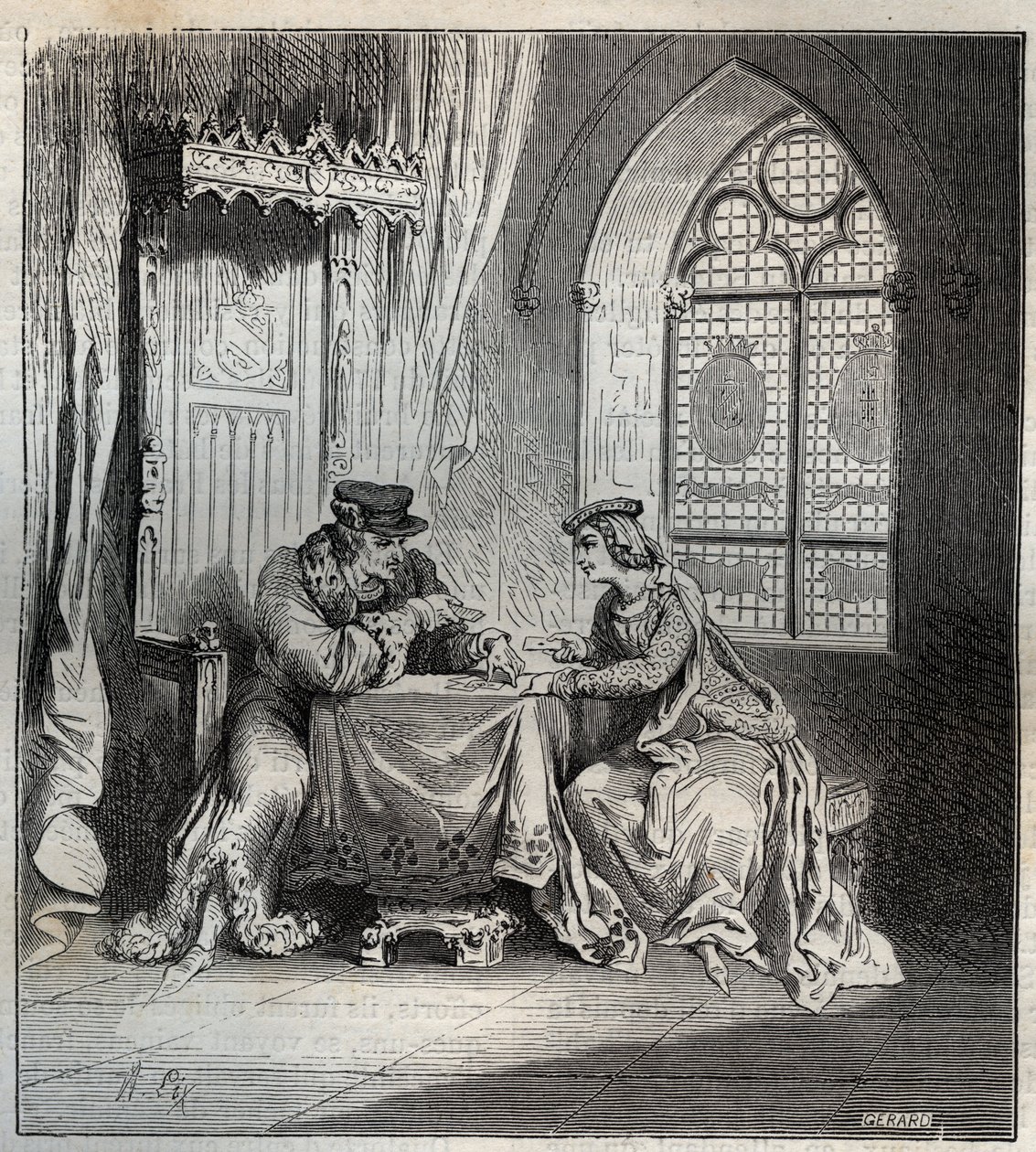 Karl VI (1380-1422) och Odette de Champdivers - kung Karl VI av Frankrike, känd som Charles the Good Aime, sedan Charles the Fol (1368-1422) med sin älskarinna Odinette (Odette) de Champdivers (cirka 1390-cirka 1425) spelkort gravering i "Paris a t av French School