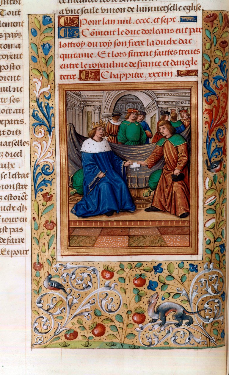 Karl VI och Henrik V undertecknade "Troyesfördraget" 1420, illustration från "Chroniques de Monstrelet" av French School
