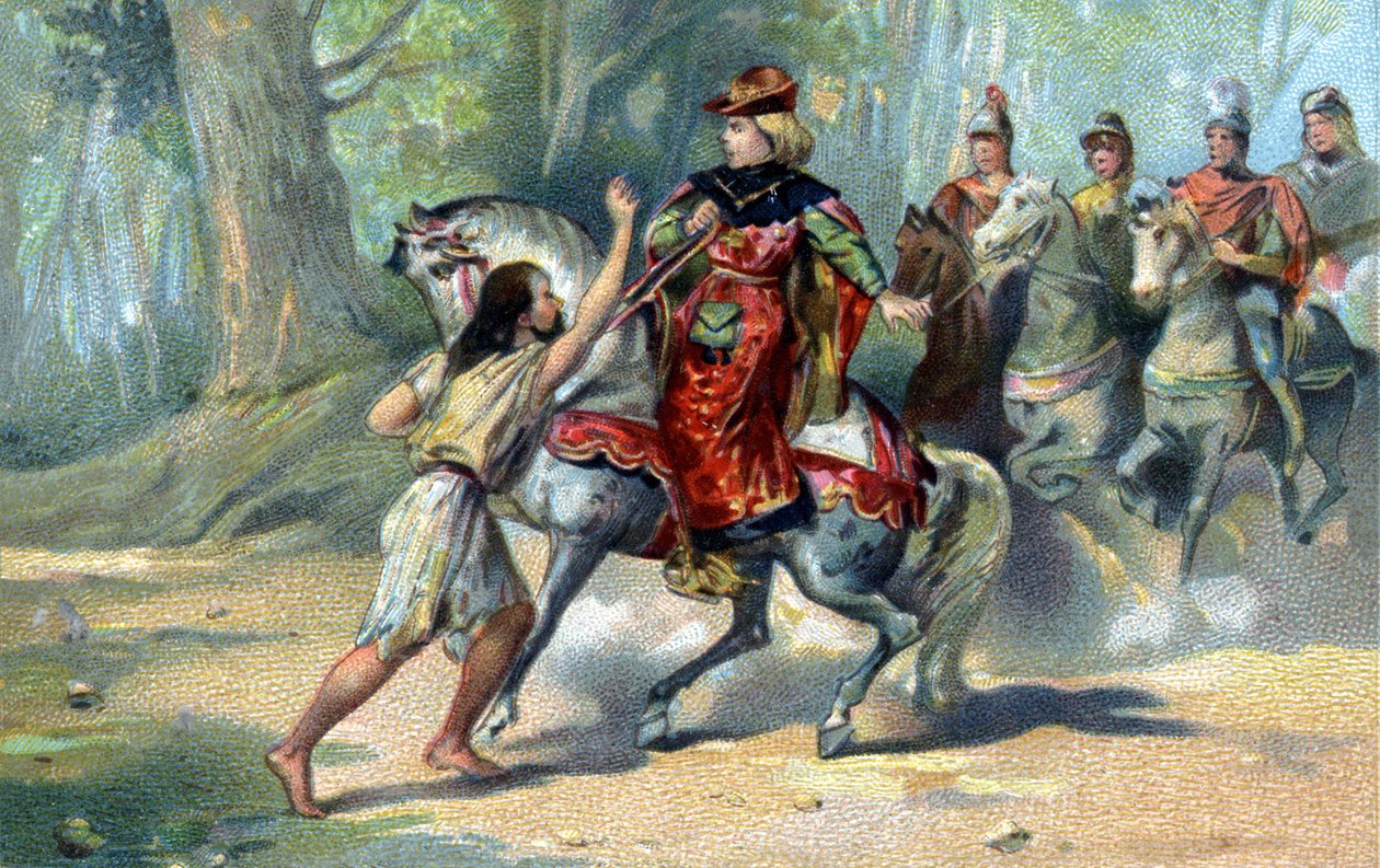 Karl VI fångade i galenskap i skogen i Le Mans. kromolitografi från slutet av 1800-talet av French School