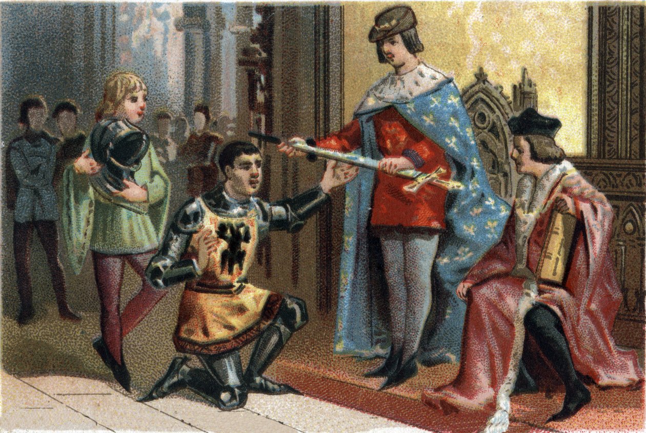 Karl V Den vise (1338-1380) överlämnar högtidligt talet av den anslutna Bertrand du Guesclin (1320-1380). Kromolitografi omkring 1890. av French School