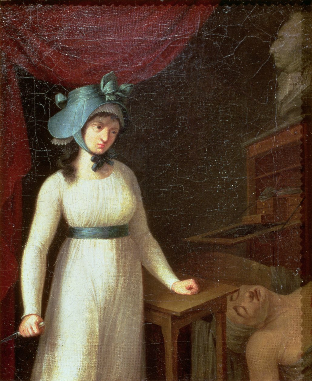 Charlotte Corday (1768-93) och mordet på Jean Paul Marat (1743-93) i hans bad av French School