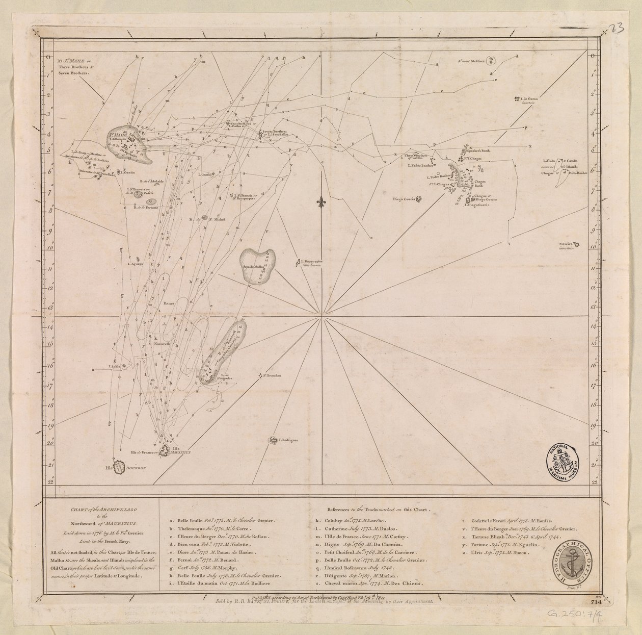 Karta över arkipelagen norr om Mauritius upprättad 1776 av M le Victe Grenier löjtnant i franska flottan [Inkluderar Seychellerna, sydligaste Maldiverna Mauritius-gruppen  Chagos-arkipelagen] av French School