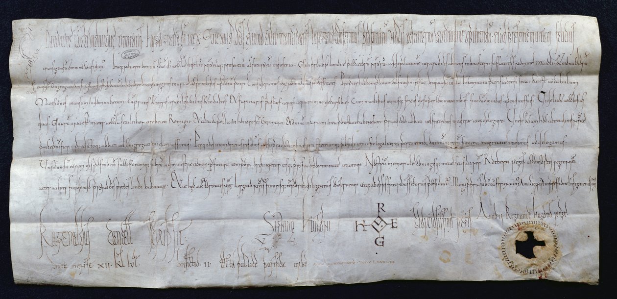 Charter undertecknad av Hugues I Capet (941-996), kung av Frankrike, 988 (penna och bläck på papper) av French School