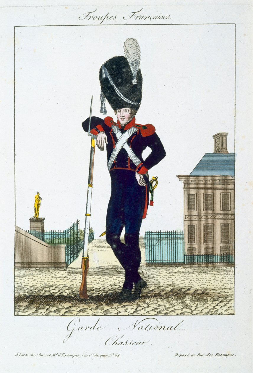 Chasseur of the National Guard, från Troupes Francaises, pub. i Basset, Paris, ca 1790 av French School