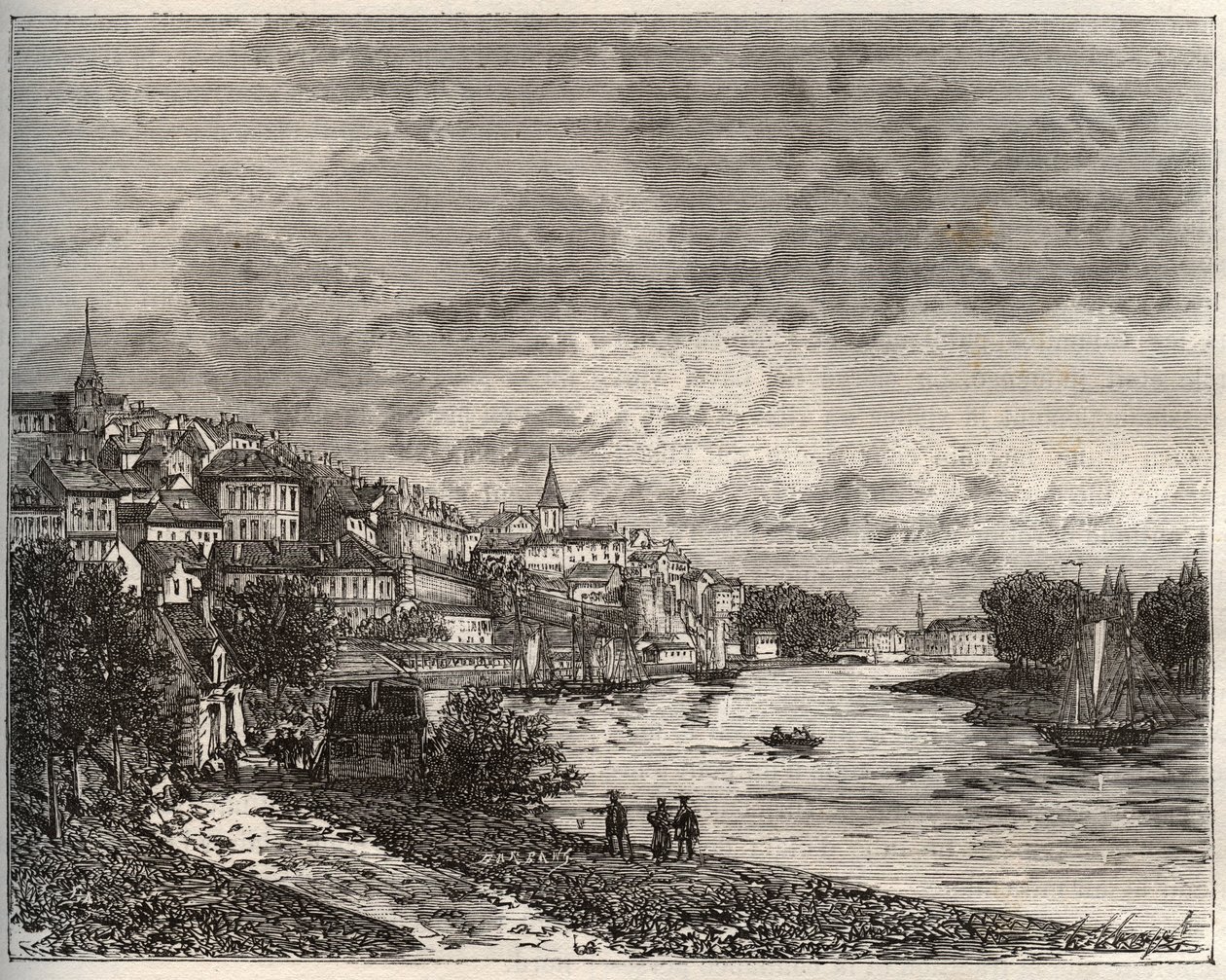 Chateau-Gontier (Chateau Gontier) - Mayenne i regionen Pays de la Loire - gravyr i "La France illustrée: geografi, historia, administrationsstatistik" av V.-A. Maltbrunt. 1884 av French School
