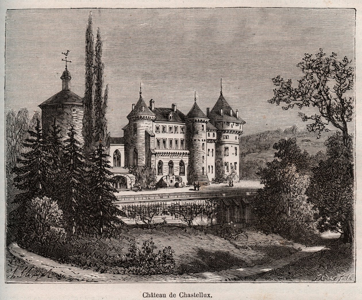 Chateau de Chastellux - Chastellux sur cure, Bourgogne - gravyr i "La France illustree: geografi, historia, statistisk administration" av V.-A. Malt-brunt. 1884 av French School