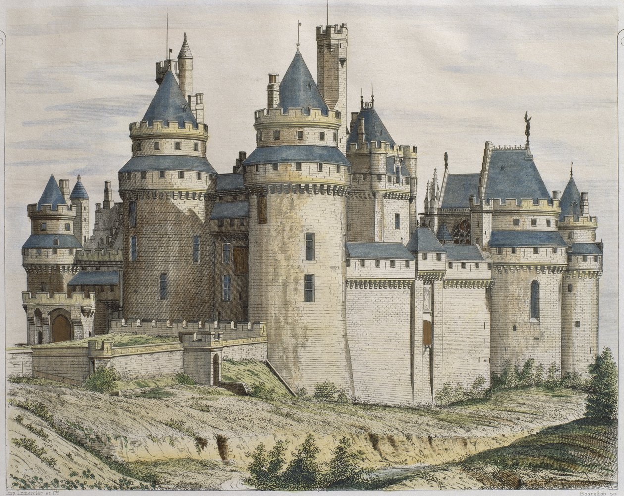Chateau de Pierrefonds, illustration från Le Moniteur des architectes, graverad av Bosredon (färgstick) av French School