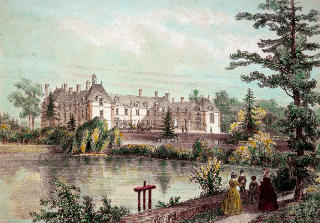 Chateau de la Loire: Utsikt över Chateau de la Seilleraye i Carquefou (Loire Atlantique). Tryck från 1800-talets privata samling av French School
