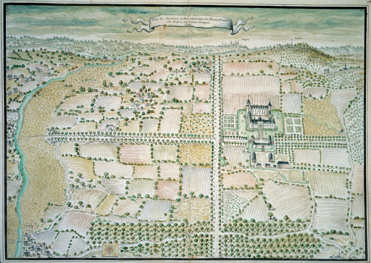 Chateaux de la Loire: "" Utsikt över slottet Plessis Bourre"" Akvarell av den franska skolan. 1699 Paris, B.N. av French School