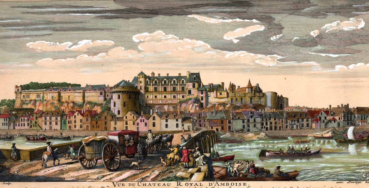 Chateaux de la Loire: vy över slottet Amboise i Indre och Loire på 1700-talet. Epoque-gravering. Privat samling av French School