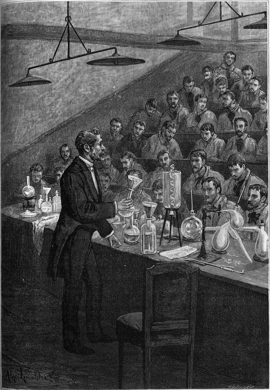 Kemikurser vid Ecole Centrale de Paris. Gravyr i "ungdomens tidning" 1887. av French School
