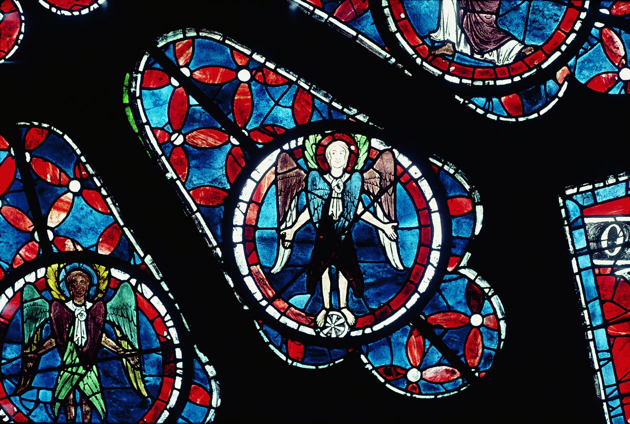 Keruber på hjul, detalj från nordrosans fönster, c.1223 av French School