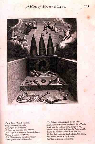 Cherubiner kommer för att ta bort anden, illustration från "A View of Human Life", från "Doctrines of Morality" av Marin Le Roy de Gomberville (1600-74), graverad av Daret (gravyr) av French School