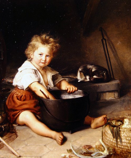 Barn med katt i en interiör (olja på duk) av French School