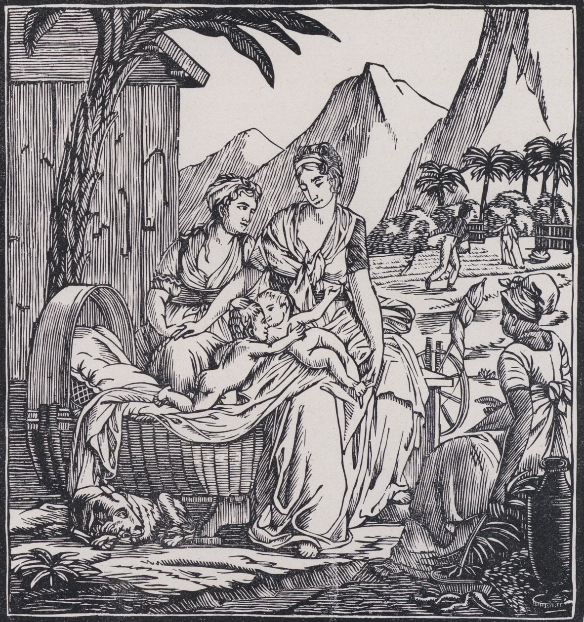 Pauls och Virginies barndom, scen ur den franske författaren Jacques-Henri Bernardin de Saint-Pierres roman Paul et Virginie (litografi) av French School