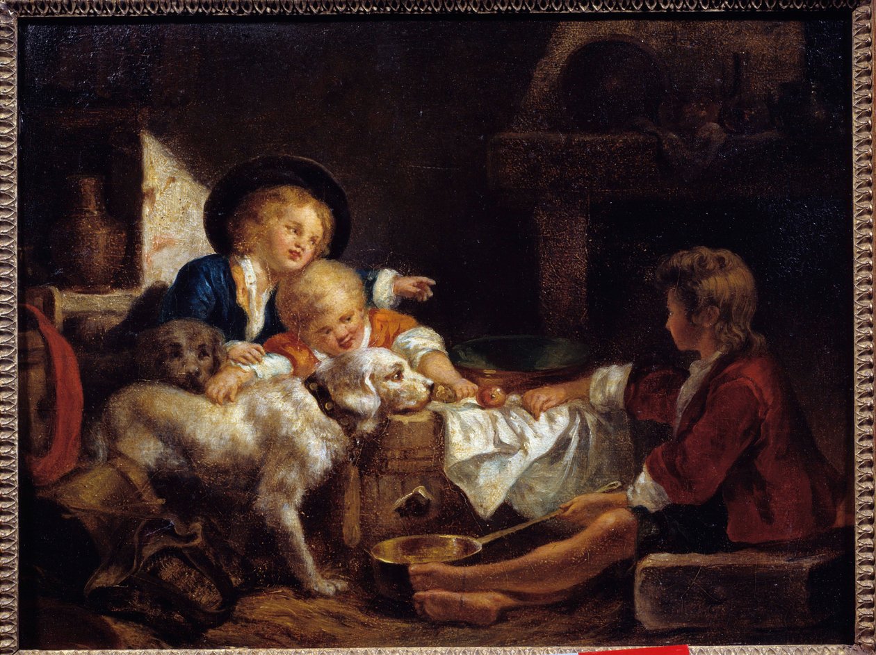 Barn Tre små barn och två hundar i en lada. Målning av Franska skolan. 1700-tals privatsamling av French School