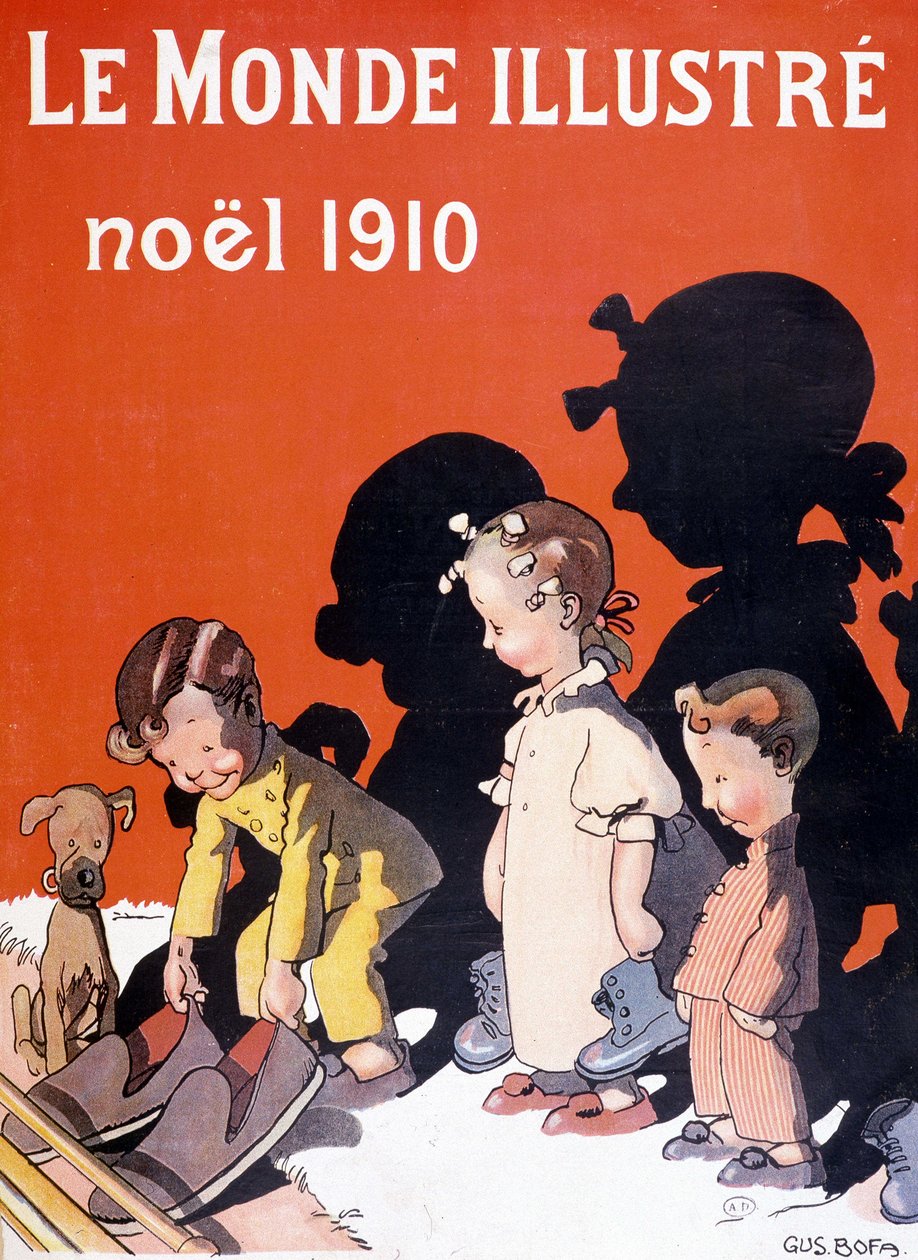 Barn som tappar sina skor framför brasan för jultomten - i "" Le Monde Ilustré"" av French School
