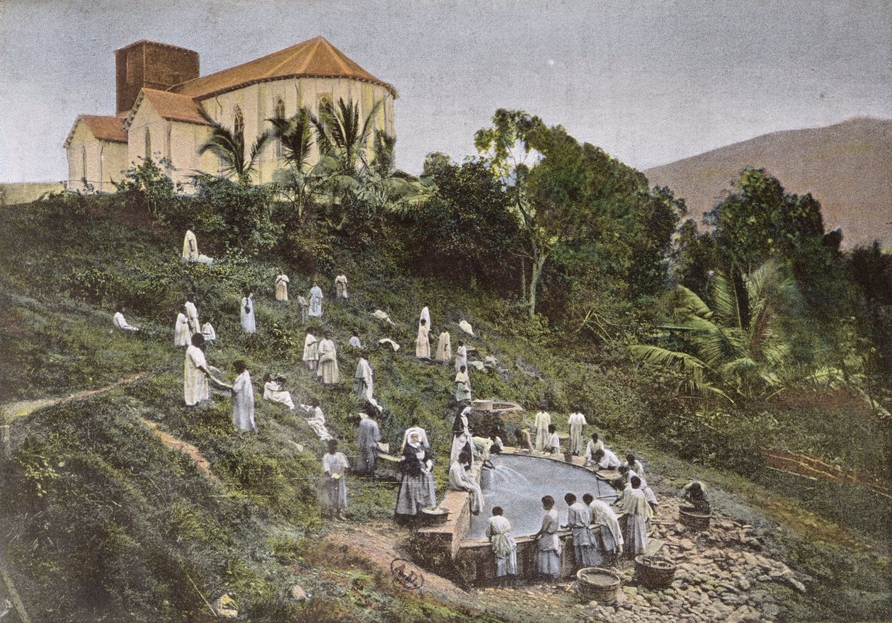 Barn i Nya Kaledonien togs till tvättplatsen av Missionssystrarna, graverade av Gillot, sent 1800-tal av French School