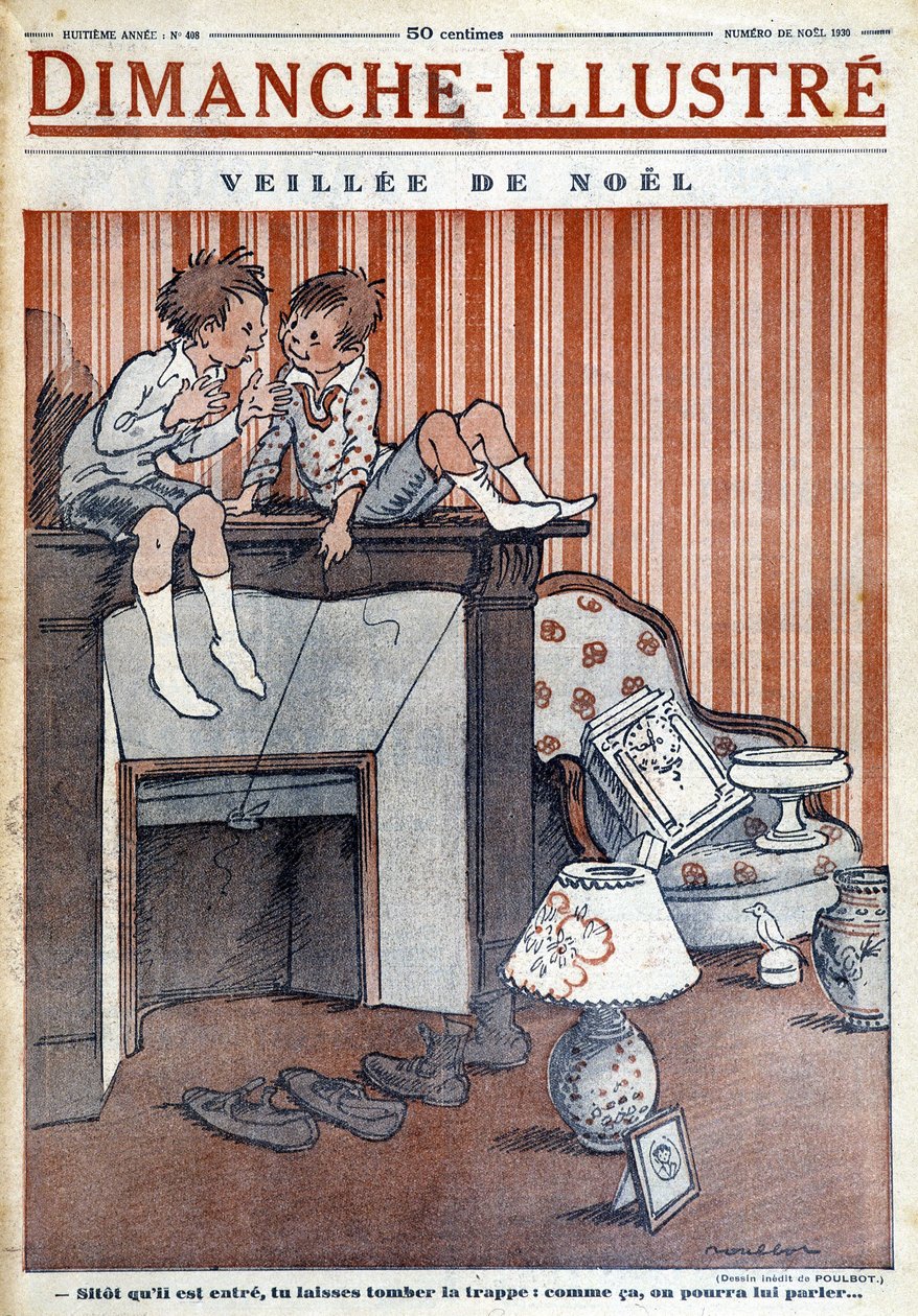 Barn som sitter på skorstenen och fångar en fälla hos jultomten, för tidningen "Le Dimanche illustrious" julen 1930 (gravyr) av French School
